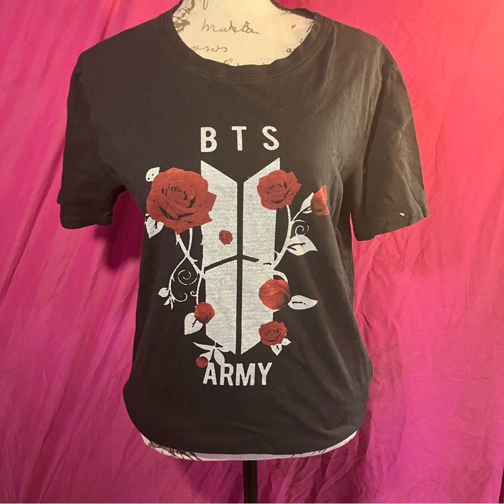 BTS Black Graphic Tee with Red Floral Design